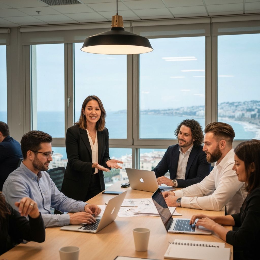 Team collaborating in a bright modern workspace